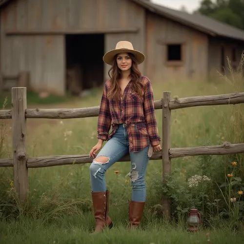 Rural venue, khaki color tone, earthy atmosphere, natural scenery, wooden fence, green grass, wildflowers, rustic barn, vintage window, old lantern, relaxed pose, casual attire, plaid shirt, ripped je