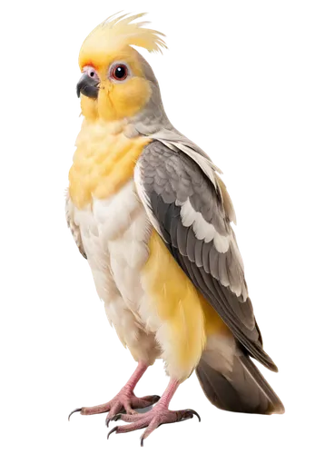 Cockatiel, white feathers, grey crest, colorful tail, perched, sitting, standing, looking up, curious expression, big round eyes, yellow beak, soft plumage, fluffy texture, natural pose, warm lighting