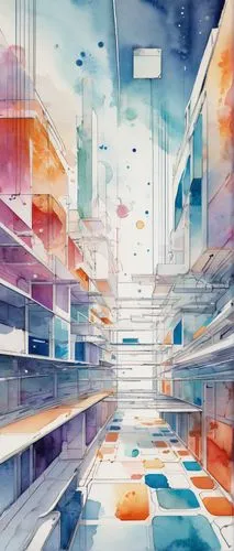 watercolor shops,watercolor background,futuristic art museum,sedensky,cloudstreet,watercolor paris shops,aisles,aniplex,color paper,cells,virtual landscape,spaceship interior,cyberspace,cool backgrounds,colorful city,bookland,sci fiction illustration,soap shop,datacenter,unbuilt,Illustration,Paper based,Paper Based 25