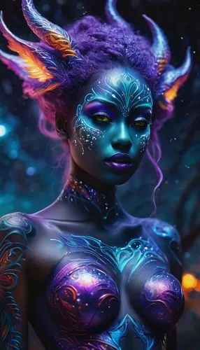 Graffiti art; Ultra detailed digital art masterpiece, full body painting, vibrant colors, beautiful mysterious lovely nebula demon , bioluminescent , with a fluffy monster, very dark night, lustful, d