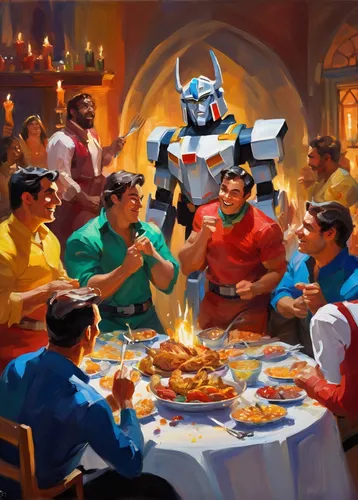 last supper,holy supper,dwarf cookin,robots,toasts,transformers,dinner party,the disneyland resort,christ feast,tea party,robot icon,diner,family dinner,knight festival,gnomes at table,breakfast table,dining,thomas and friends,drinking party,a party,Conceptual Art,Oil color,Oil Color 22