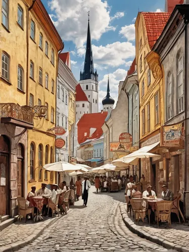 Describe the charming old town of Tallinn.,tallinn,riga,bremen town musicians,historic old town,vilnius,the cobbled streets,jockgrim old town,medieval street,old city,old town,poznan,hanseatic city,ni