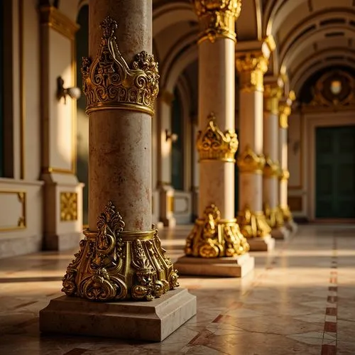 columns,pillars,ornate,colonnades,gilded,pillar capitals,baroque,pedestals,europe palace,tilt shift,gold ornaments,three pillars,colonnade,baluster,gold wall,column,roman columns,ornamentation,columned,golden crown