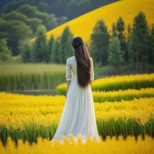 field of rapeseeds,yellow garden,yellow grass,yellow jumpsuit,daffodil field,ao dai,Photography,Documentary Photography,Documentary Photography 25