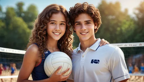 The boy is tall brown curly long hair, braces, brown eyes The girl is long brown straight hair, round eyes, braces, School love, they play volleyball,girl and boy outdoor,touch football (american),aus