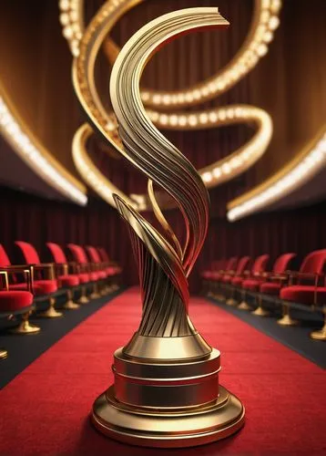 Modern trophy, sleek metallic base, spiral design, golden accents, engraved winner's name, prestigious ceremony, grand auditorium, luxurious red carpet, elegant chandeliers, sophisticated audience, ap