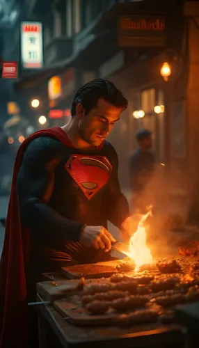 mustached superman, cutting doner kebabs with red lasers coming out of his eyes, on an authentic street, with a blue rosary on his wrist, a cigarette in his mouth,a man dressed as superman cooking dog