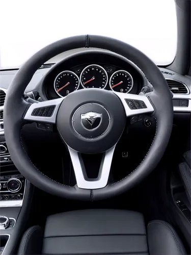 Sports car, luxury interior, leather wrapped steering wheel, silver accents, 3-spoke design, driver's hands gripping wheel, intense driving expression, low-angle shot, dramatic lighting, shallow depth