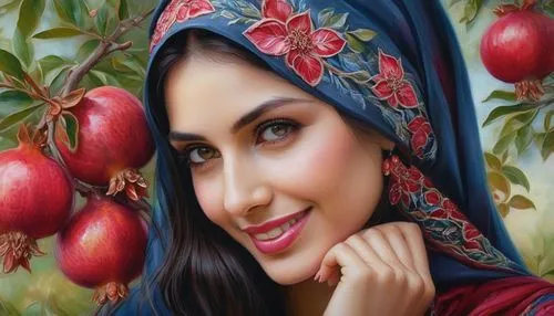 A beautiful woman with long, dark hair and an ornately embroidered headscarf, gazes thoughtfully at a pomegranate tree in bloom with gentel smile on face.,yalda,pomegranates,pomegranate,woman eating a