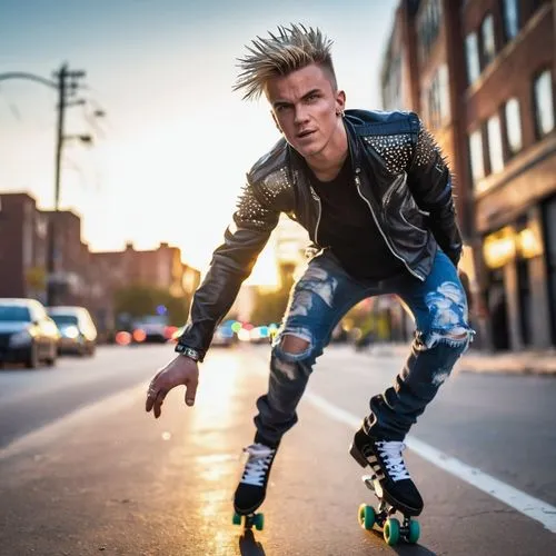 Male, roller skater, muscular arms, athletic build, short spiky hair, sweat droplets on forehead, bright blue eyes, silver earring, black leather jacket, ripped jeans, white sneakers with wheels, dyna