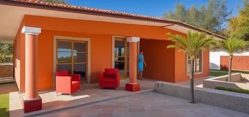 UNA CASA ESTILO MEXICANO, CON COLORES VIBRANTES, USO DE CANTERA,PISOS DE BARRO ROJO, TABIQUE Y ELEMENTOS REGIONALES MEXICANOS, UBICADA EN UN ENTORNO CAMPIRANO, CON COLUMNAS CIRCULARES DEE CONCRETO, AR