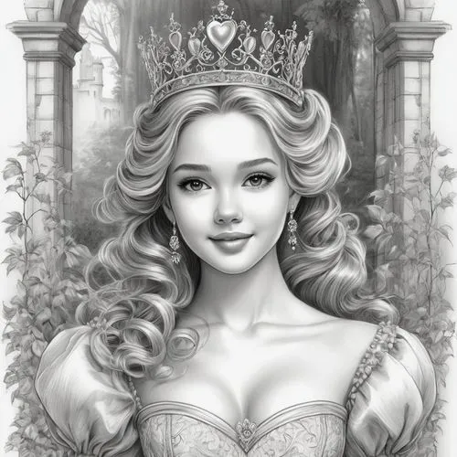 queen of hearts,prinses,noblewoman,princess crown,princess sofia,heart with crown,Illustration,Black and White,Black and White 30