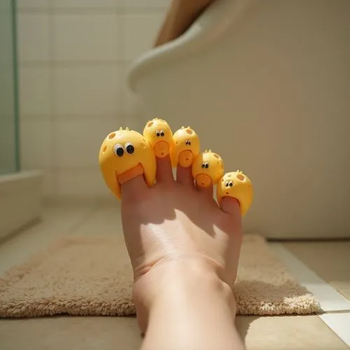 A photo of a person's foot with oddly shaped toenails that resemble cheese. The cheese have skin and eyes. The toenails
are large and round, with a few smaller ones in between. The foot is clean and t