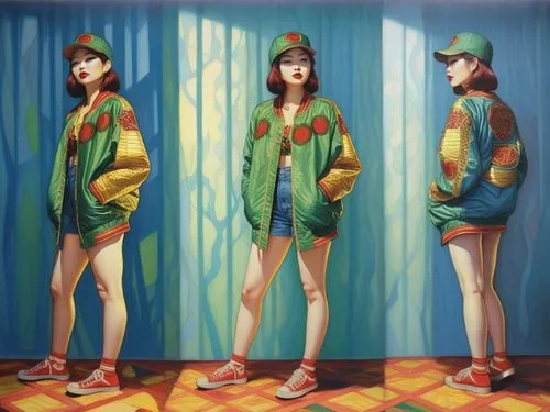 An amazing nude japanese young woman  with red lips and green eyes,three pictures of women in various outfits in front of a blue curtain,demoiselles,fashion vector,marimekko,rykiel,raincoats,missoni,I