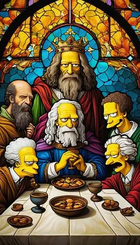 The Last Supper parody, Simpsons characters, Jesus-like Homer, disciples Peter Marge, John Bart, Thomas Krusty, Philip Apu, Bartholomew Sideshow Bob, Andrew Mr. Burns, Judas Moe, colorful stained glas