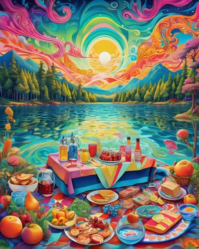 picnic boat,psychedelic art,delight island,food table,acid lake,mid-autumn festival,breakfast table,mushroom landscape,colorful background,watermelon painting,food collage,abundance,placemat,picnic,art painting,sweet table,background colorful,children's background,oil painting on canvas,colorful water,Illustration,Realistic Fantasy,Realistic Fantasy 39