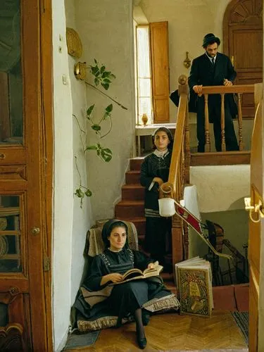 View into the upper-class household of a French Jew.,a young woman sitting on top of a chair next to stairs,children studying,farrokhzad,rohmer,billeaud,parisiennes,schiaparelli,Photography,Documentar