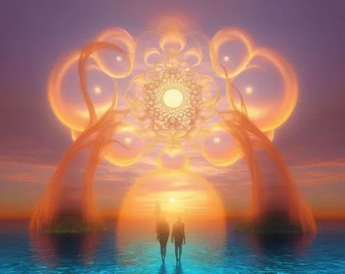 two people are standing in front of an abstract art piece,inner light,sun god,crown chakra,solar plexus chakra,the pillar of light,astral traveler,Illustration,Realistic Fantasy,Realistic Fantasy 37