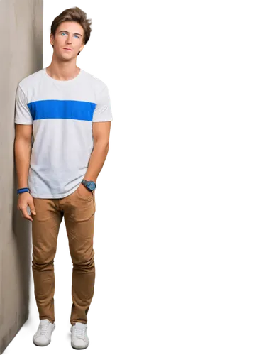 Young adult male, Austin-themed outfit, casual jeans, white graphic t-shirt, brown leather belt, sneakers, messy brown hair, bright blue eyes, subtle facial stubble, relaxed posture, leaning against w