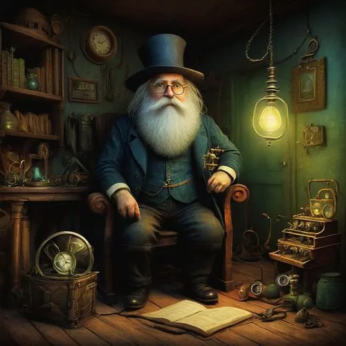 watchmaker,apothecary,clockmaker,game illustration,geppetto,shoemaker,sci fiction illustration,book illustration,shopkeeper,the collector,fantasy portrait,merchant,tinsmith,theoretician physician,stovepipe hat,digital compositing,pinocchio,a carpenter,fantasy art,reading magnifying glass,Illustration,Abstract Fantasy,Abstract Fantasy 01