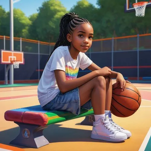 cute, 10 year old, African American, female, hairstyle in black boxbraids in a ponytail, wearing jean shorts and a white t-shirt, colorful sneaker, BACKGROUND sitting on a bench at the basketball cour