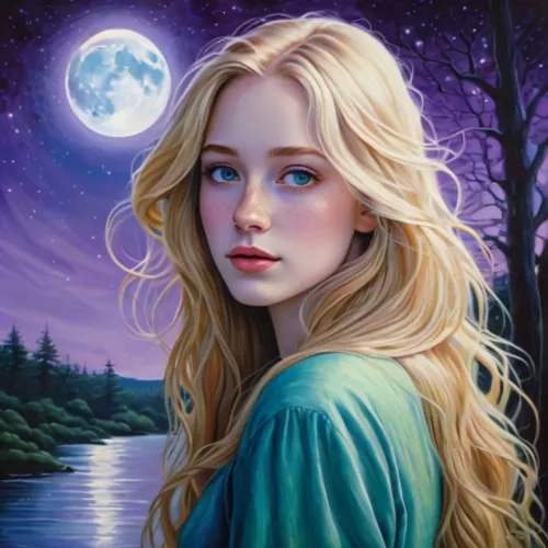 mystical portrait of a girl,fantasy portrait,blue moon rose,fantasy picture,fantasy art,the blonde in the river,the night of kupala,luna,oil painting on canvas,fairy tale character,romantic portrait,e