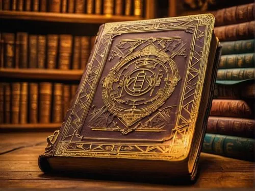 Architectural illustration, ancient tome, leather-bound book, golden filigree, intricate details, worn edges, vintage papers, ornate font, mystical symbols, mysterious ambiance, dimly lit library, woo