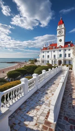 Regency-style Worthing seaside villa, intricate stone carvings, ornate balconies, grand entrance with rounded arches, white stucco walls, red-tiled roof, majestic clock tower, seagulls flying overhead