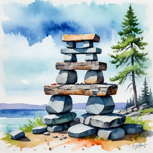 summer barbecue, victoria day, canada, inukshuk,stacked rocks,stacked stones,stacking stones,stacked rock,rock stacking,stack of stones,rock cairn,cairn,rock balancing,watercolor background,stone bala