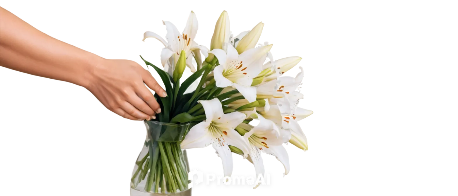 Sympathy flowers, white lilies, gentle petals, delicate stems, subtle water droplets, soft focus, warm lighting, 3/4 composition, shallow depth of field, calming atmosphere, solo, peaceful, condolence