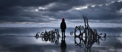 Compose a distorted and chaotic metal font that captures the essence of madness.,the wadden sea,crosby beach,wadden sea,driftwood,old jetty,wrack,conceptual photography,ghost forest,anchored,low tide,