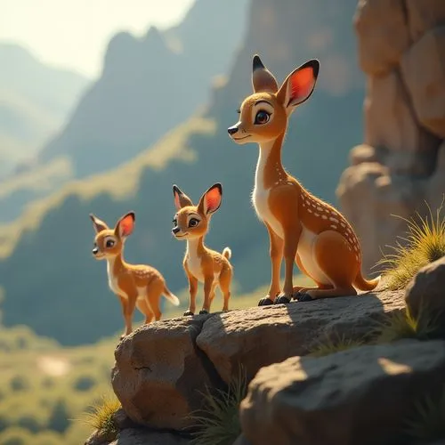 klipspringer with babies flocking on cliffs,two deer figurines stand near a small fawn, on top of some rocks,disneynature,guanacos,madagascans,serengeti,latrans,kangas