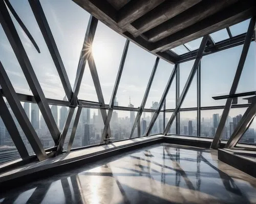 Modern architectural truss design, steel beams, silver metal, industrial texture, geometric shape, angular lines, minimalist aesthetic, urban cityscape, skyscraper background, concrete floor, glass wa