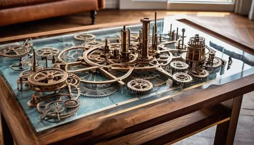 steampunk gears,orrery,radiometers,escapements,chess board,gyroscopes,game pieces,chessboards,magnetic compass,escapement,radionics,board game,card table,industriels,clockmakers,playfield,coffee table,kinetic art,model kit,mousetrap,Illustration,Realistic Fantasy,Realistic Fantasy 13