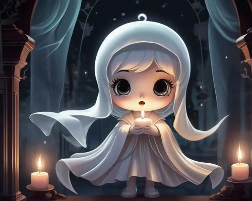 cute, Chibi, ghost, transparent body, glowing eyes, white sheet, flowing ribbon, ponytail, cute facial expression, small nose, blushing cheeks, holding candle, floating in air, haunted mansion, spooky