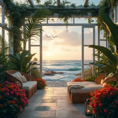 sunroom,oceanfront,front porch,ocean view,tropical house,balcony garden,oceanview,porch,conservatory,window with sea view,seaside view,beachfront,conservatories,beach house,home landscape,seclude,backyard,porch swing,summer cottage,solarium,Photography,General,Realistic