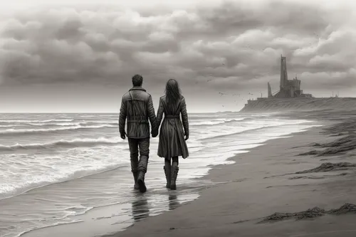 love in the mist,grey sea,beach walk,sci fiction illustration,walk on the beach,gray-scale,crosby beach,surrealism,desolation,the people in the sea,still transience of life,atmospheric,grey sky,photo manipulation,post-apocalyptic landscape,apocalyptic,photomanipulation,dark beach,whitby goth weekend,fantasy picture,Conceptual Art,Fantasy,Fantasy 33