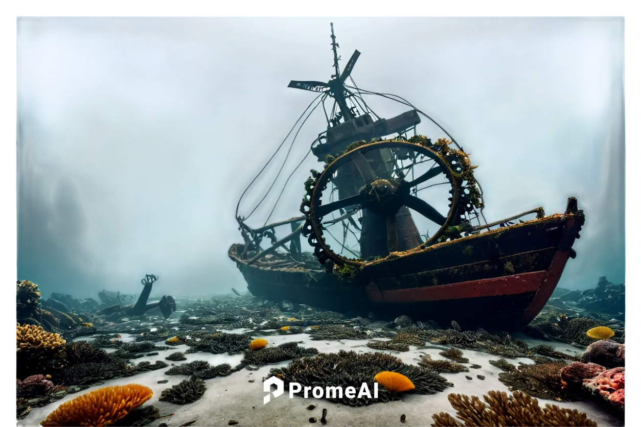 Polluted ocean scene, plastic waste, oil spill, dead fish, seaweed entwined, rusty ship propeller, broken coral reef, murky water, gloomy atmosphere, low-key lighting, wide-angle lens, 2/3 composition