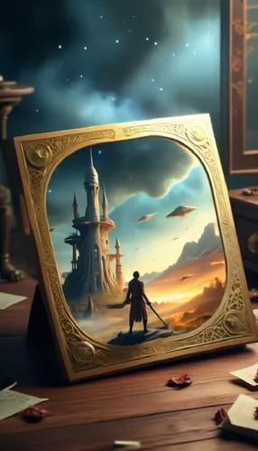 a painting of a man with a sword standing outside of a castle in the sky,magic mirror,3d fantasy,fantasy picture,beautiful frame,cartoon video game background,fantasy art