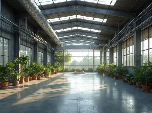 Industrial factory setting, exposed ductwork, metallic beams, polished concrete floors, natural ventilation systems, large skylights, solar panels, wind turbines, rainwater harvesting systems, green r