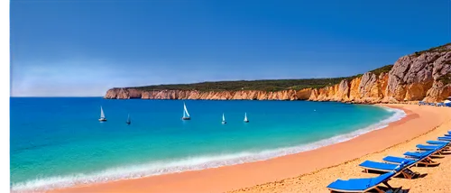 Golden sandy beach, Portugal coastline, rocky cliffs, clear turquoise water, sunny weather, gentle waves, sailboats in distance, parasols and sunbeds on shore, 3/4 composition, panoramic view, warm co