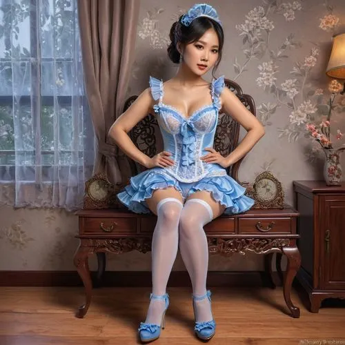 cheongsam,vintage asian,doll dress,vintage doll,japanese doll,bluestocking,pin-up girl,dress doll,jasmine blue,pin-up model,retro pin up girl,qixi,suzong,qipao,xueying,housemaid,valentine pin up,valentine day's pin up,blue shoes,xiaoqing,Illustration,Realistic Fantasy,Realistic Fantasy 27