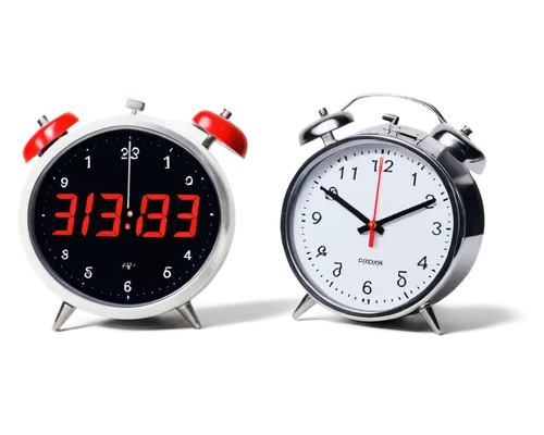 Alarm clock, digital display, bright red numbers, loud ringing sound, metal casing, round shape, flat top, white buttons, chrome edges, morning light, 3/4 composition, shallow depth of field, warm col