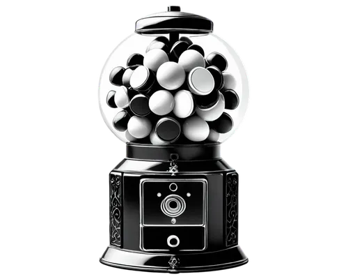 Vintage gumball machine, clip art style, black and white monochrome, ornate details, metal body, glass sphere, dispensing mechanism, coins slot, round shape, intricate textures, 3D illustration, high 