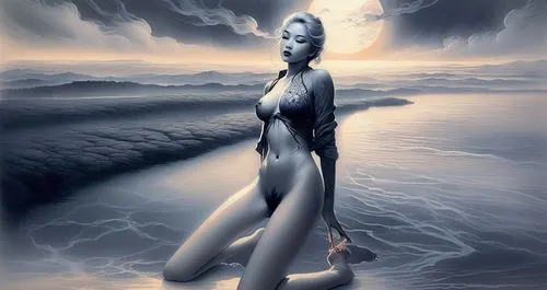 full nude very exotic and misty sky,a painting of a woman sitting on top of the ocean,amphitrite,fathom,sirene,naiad,silver surfer,savickas,volou,inanna,bodypainting,nereids,atlantica,ariadne,sedna,la