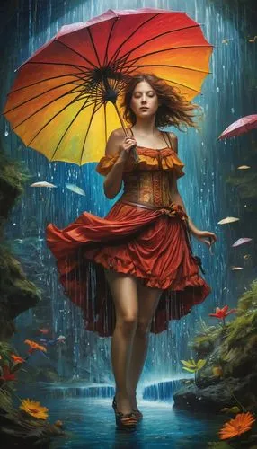 little girl with umbrella,walking in the rain,asian umbrella,fantasy picture,monsoon,world digital painting,Photography,General,Fantasy