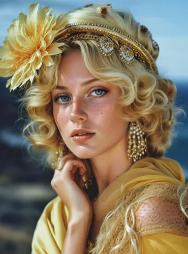 a beautiful blonde girl wearing a flower headpiece and a gold crown,connie stevens - female,frigga,jessamine,morgause,aslaug,rosaline,Photography,General,Realistic