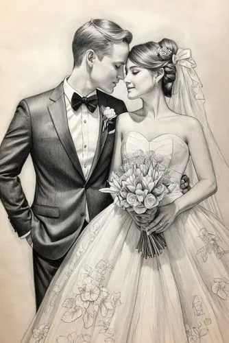 vintage drawing,pencil drawing,wedding couple,pencil drawings,charcoal drawing,wedding invitation,Illustration,Black and White,Black and White 30