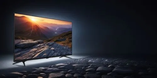 a philips tv with a dark light background cracked stone floor and mountain on the back,a tv that is on top of rocks in the dark,plasma tv,oled,hdtv,exterior mirror,powerglass,oleds,Photography,General