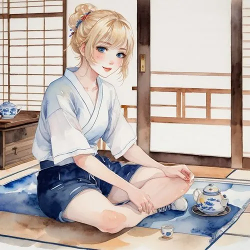 Toij, Shota, blonde hair, blue eyes, pale skin, delicate features, soft smile, white shirt, dark blue shorts, sneakers, sitting, Japanese-style room, tatami mat, sliding doors, paper walls, low table,